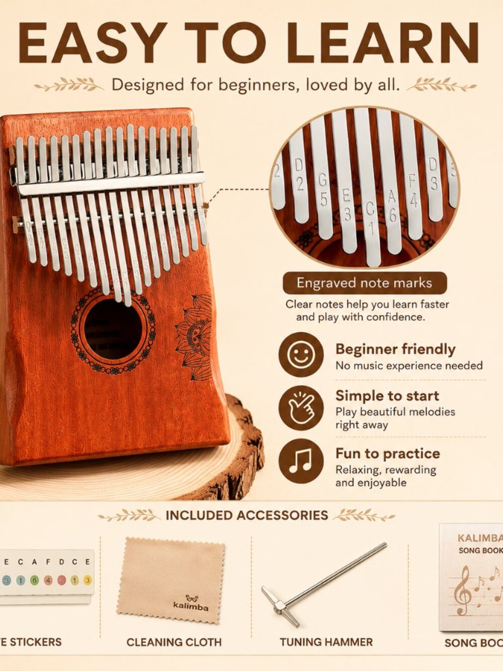 17 Key Mahogany Kalimba Lotus Design Wooden Thumb Piano Gift - Picture 7 of 10